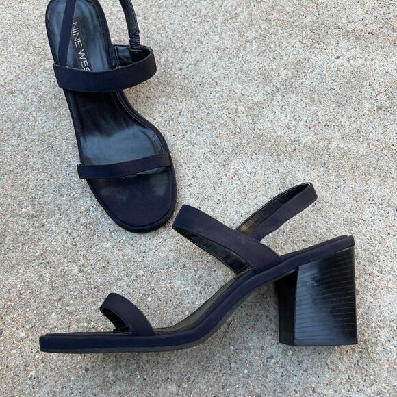 90s Vintage Nine West Dark Blue Chunky Stacked Heel Strapped Heels Size 8 - Picture 14 of 14